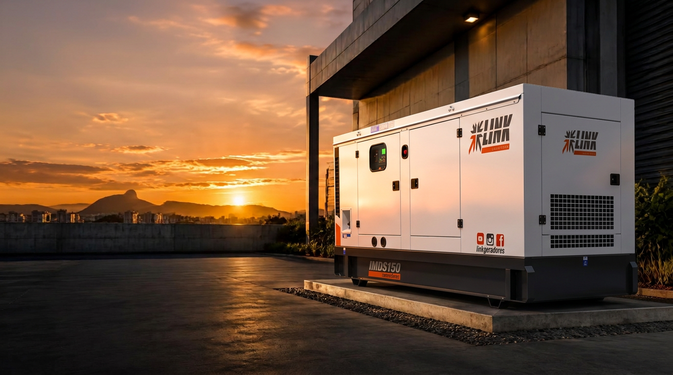 Grupo gerador a diesel com carenagem branca e detalhes laranja
